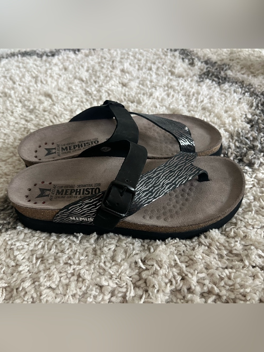 Mephisto Black Zebra-Print Leather Slide Sandals with Black Buckle
